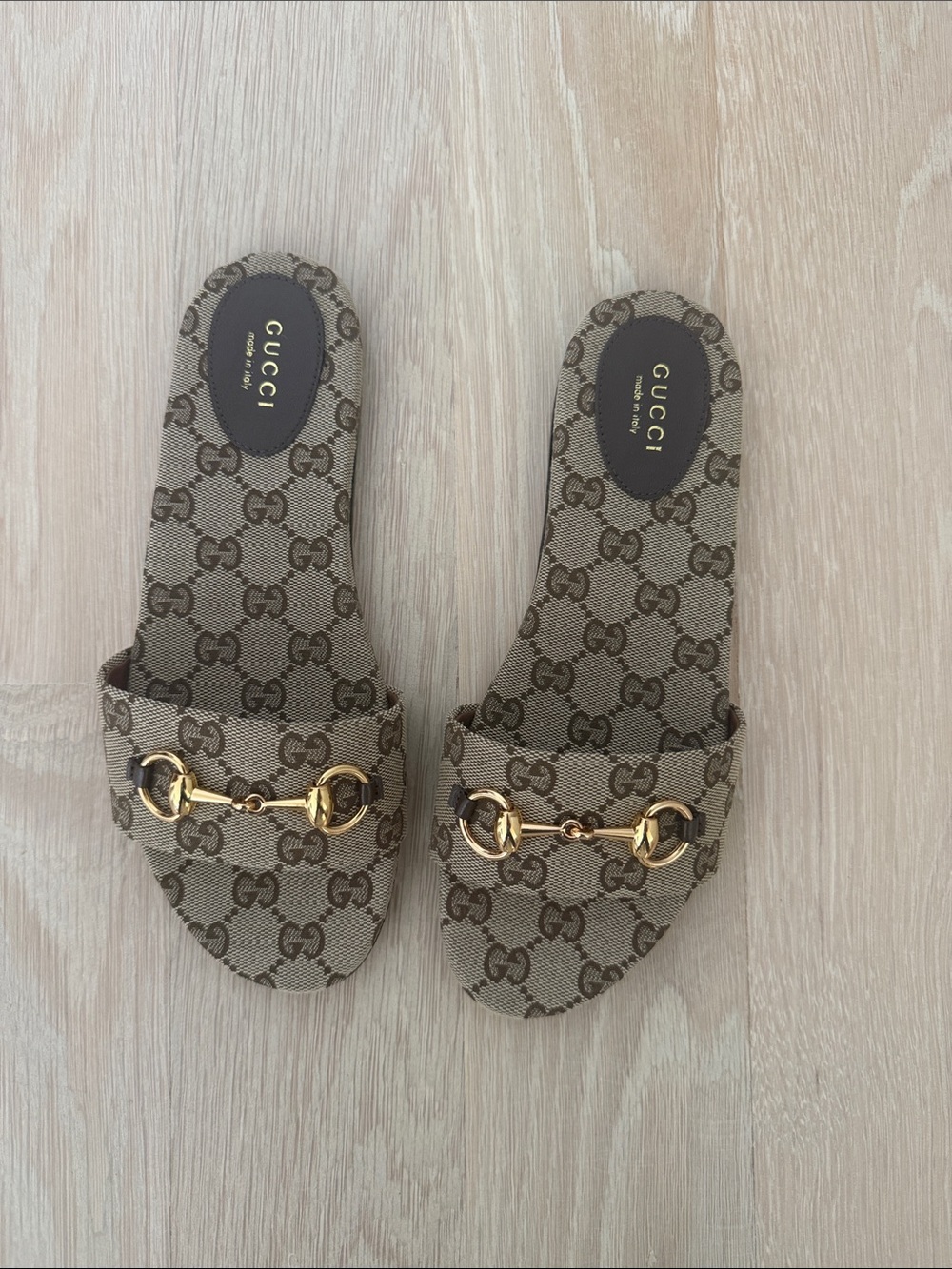 Source Unknown Beige Brown GG Canvas Mules with Gold Horsebit